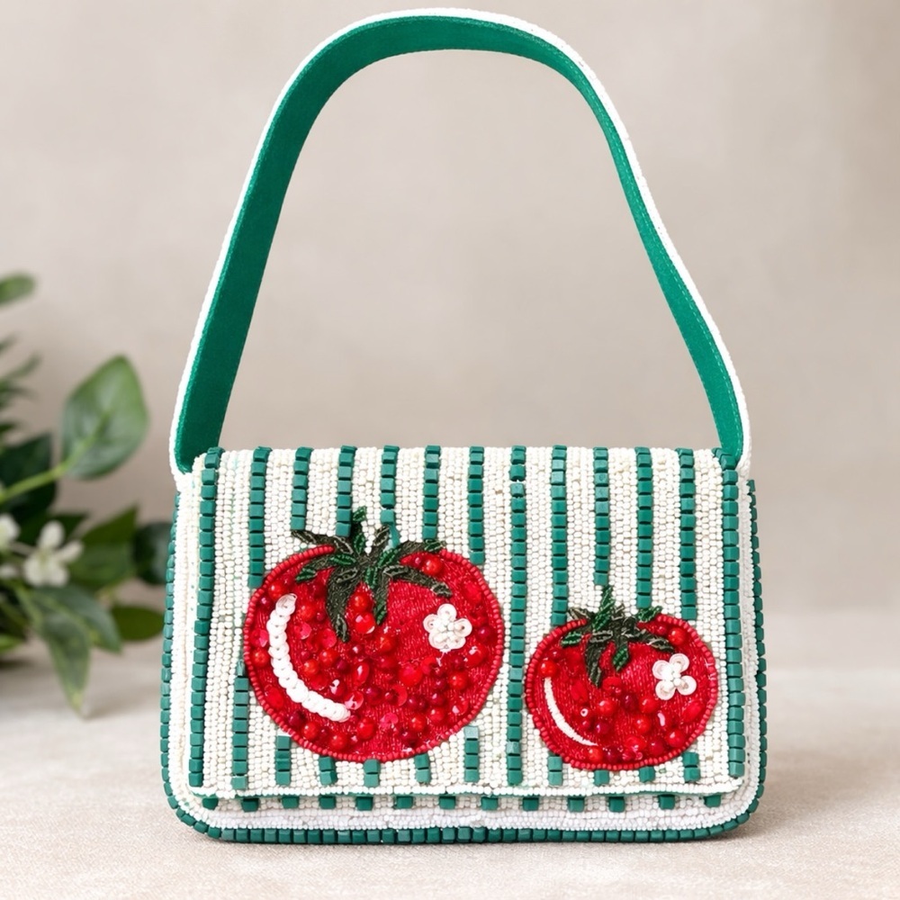 NWT Bead Appliqué Heirloom Tomato Girl Summer Green & White Striped Shoulder Bag